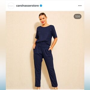 2-piece SET 100% Linen Dark Blue Elastic-Waist Women's pants and matching top